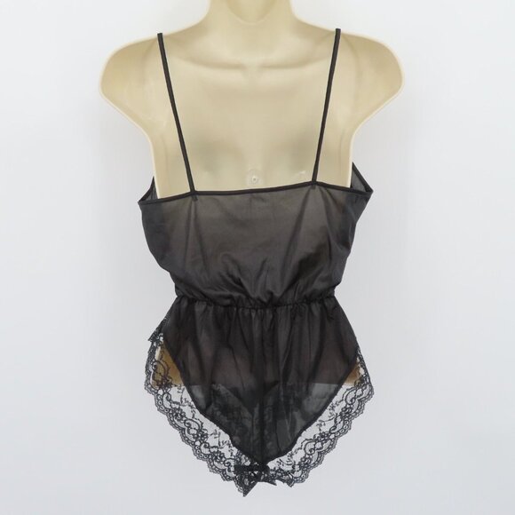 VTG Ms Leslee Small Black Lace Trim Spaghetti Strap Front Tie Playsuit One Piece - Picture 5 of 10